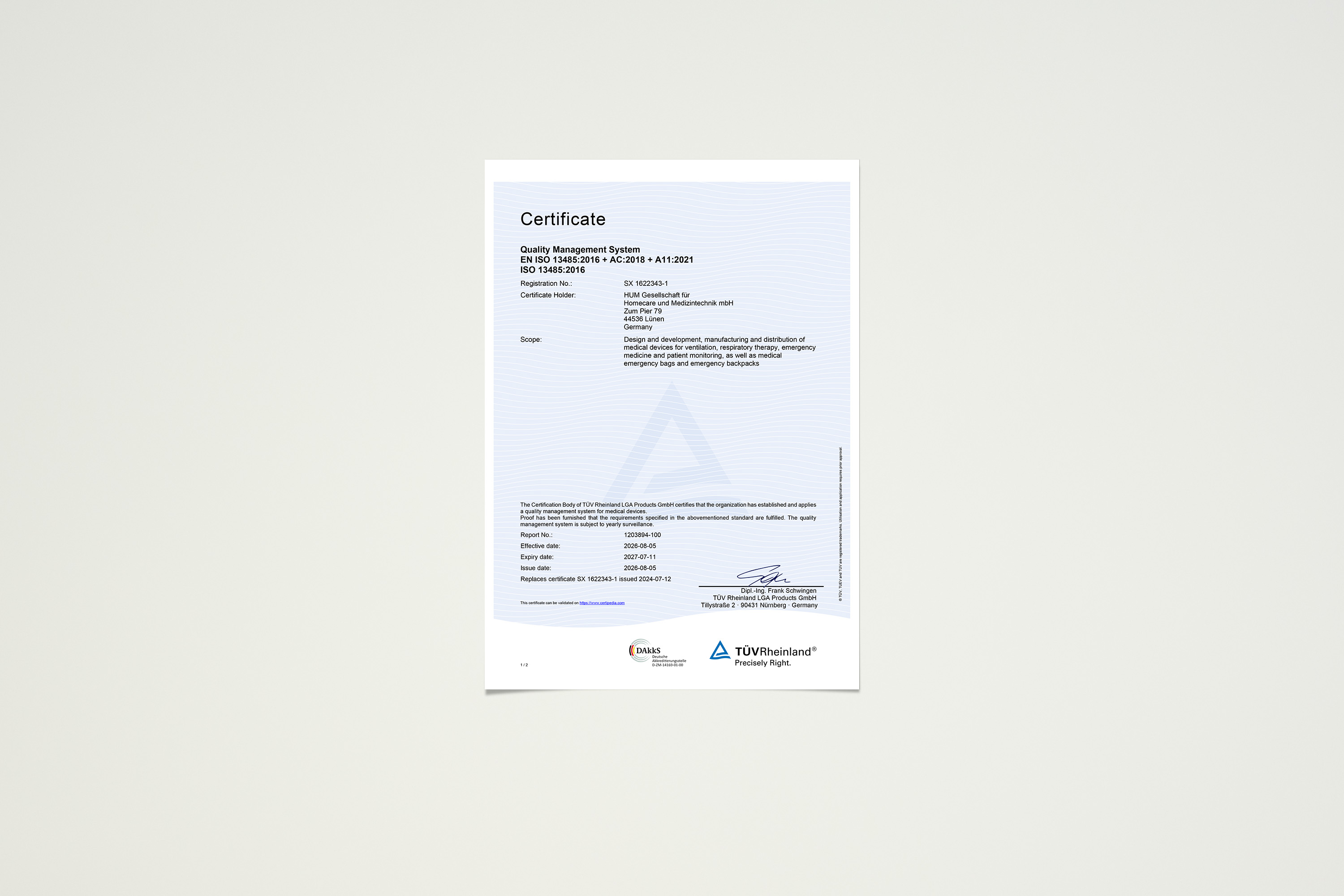 QM-Certificate EN ISO 13485:2012